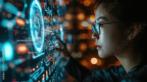Side profile of a tech professional focused on analyzing a complex futuristic interface with interactive data visualizations and holographic elements.