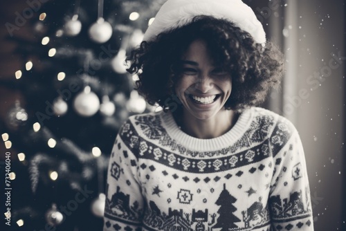 A woman wearing a sweater and hat smiles in front of a beautifully decorated Christmas tree. Perfect for holiday greetings and festive promotions
