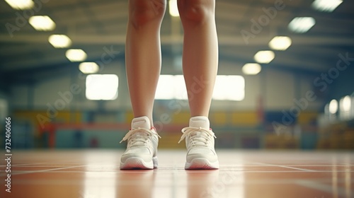 A close up view of a person's legs in tennis shoes. Perfect for sports and fitness related content
