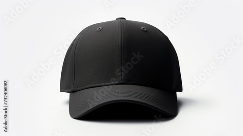 A black baseball cap placed on a clean white background. Suitable for various marketing and promotional materials
