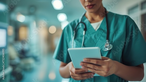 A healthcare worker in teal scrubs uses a digital tablet in a brightly lit hospital corridor, symbolizing modern medical information access.