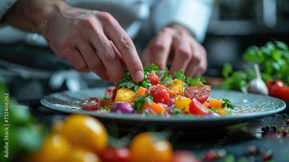 A chef's hands meticulously adding fresh green herbs as a finishing touch to a vibrant plate of seasoned tomatoes and vegetables.