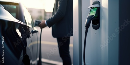 A man in a suit is charging his car. This image can be used to illustrate the concept of electric vehicles and sustainability