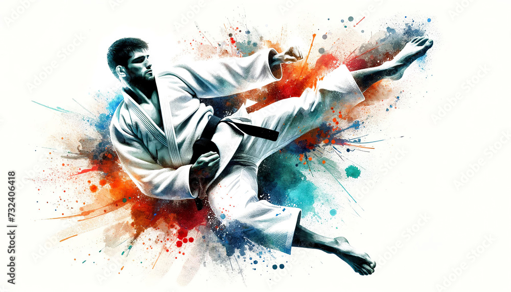 Naklejka premium Dynamic illustration of a male judoka executing a high kick, with a vibrant splash of watercolor effects emphasizing motion and martial arts spirit.Sport concept.AI generated.