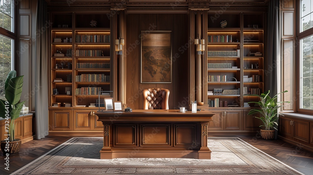 Traditional home library with rich wooden bookshelves, a leather armchair, and vintage decor illuminated by natural light from large windows. Traditional home library with rich wooden bookshelves, a leather armchair, and vintage decor illuminated by natural light from large windows.