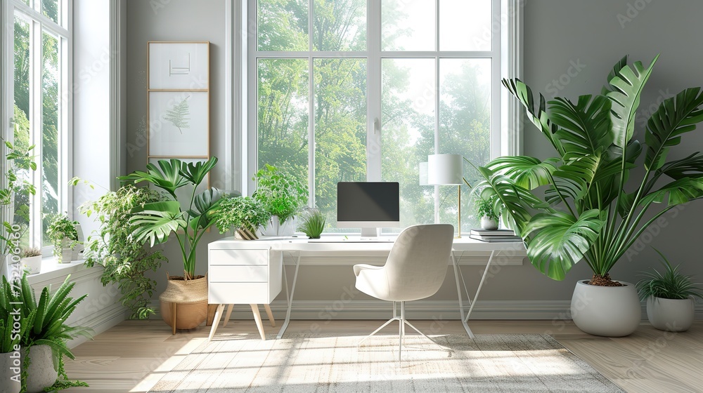 A fresh and airy Scandinavian-style home office, adorned with a variety of beautiful indoor plants, creating a tranquil and productive workspace. A fresh and airy Scandinavian-style home office, adorned with a variety of beautiful indoor plants, creating a tranquil and productive workspace.