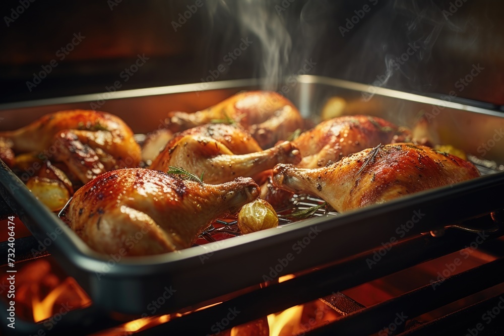 A pan filled with chicken sitting on top of an oven. Suitable for food and cooking-related projects