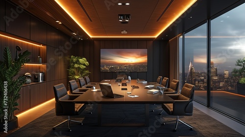 An elegantly designed corporate boardroom, furnished with a sleek conference table, ambient lighting, and a breathtaking view of the city skyline at sunset.