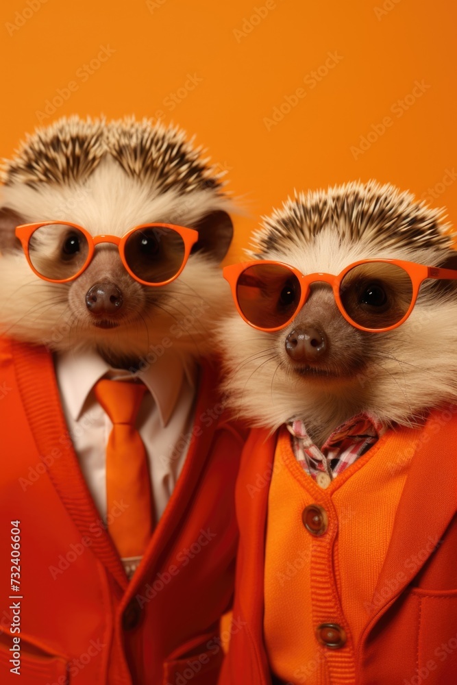 Two hedgehogs dressed in suits and sunglasses. Perfect for adding a touch of style and humor to your projects