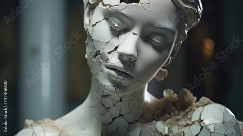 A sculpture of a woman with a broken face. This unique artwork can be used as a symbol of resilience and overcoming adversity photo