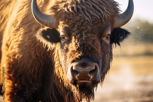 A close-up view of a bison showcasing its impressive and large horns. Perfect for nature enthusiasts or educational materials about wildlife