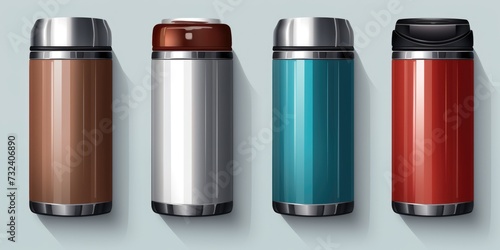 Three different colored thermos bottles on a neutral gray background. Versatile and practical, perfect for any beverage-related design projects