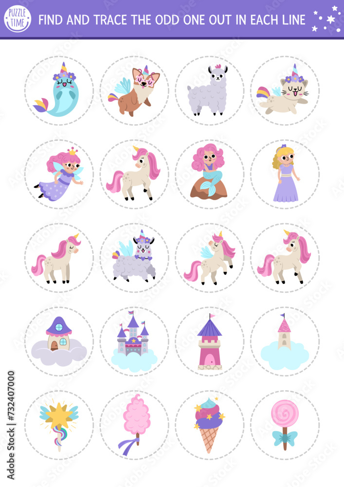 Find the odd one out. Unicorn logical activity for kids. Fantasy or magic world educational quiz worksheet for attention skills. Printable fairytale game with fairy, mermaid, narval, castle. Find the odd one out. Unicorn logical activity for kids. Fantasy or magic world educational quiz worksheet for attention skills. Printable fairytale game with fairy, mermaid, narval, castle.