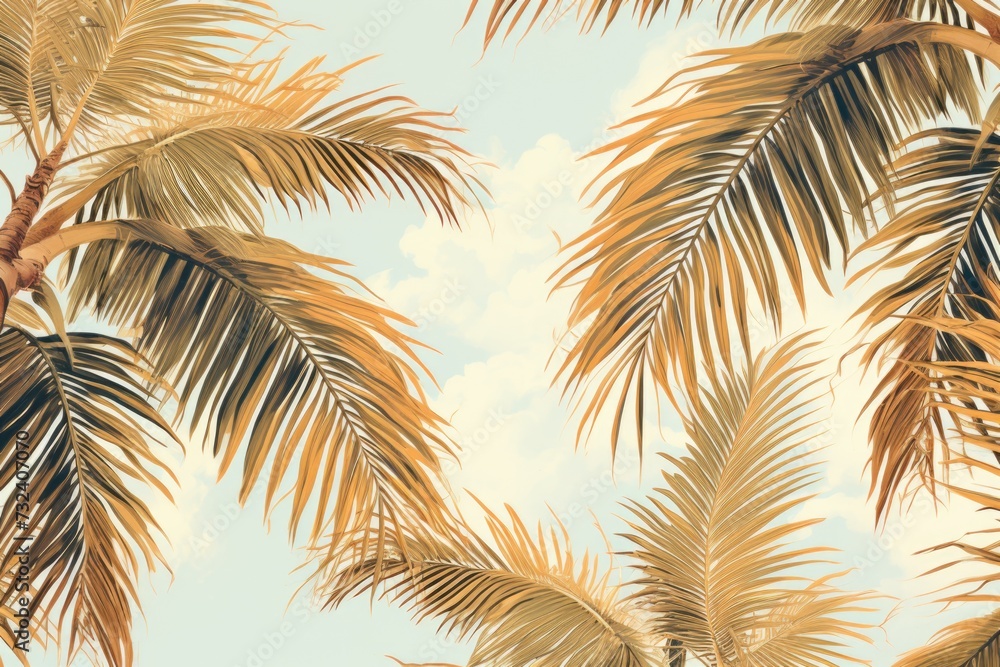 A group of palm trees against a clear blue sky. Perfect for tropical vacation themes and travel advertisements