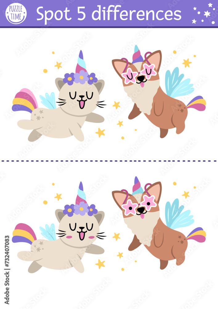 Find differences game for children with unicorn cat and dog. Fairytale educational activity with funny animals with horns. Cute puzzle for kids with funny fantasy characters. Printable worksheet.