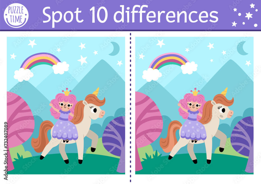 Fototapeta premium Unicorn find differences game for children. Activity with fairy girl riding horse on night fairytale background. Cute puzzle for kids with funny fantasy characters. Printable worksheet.