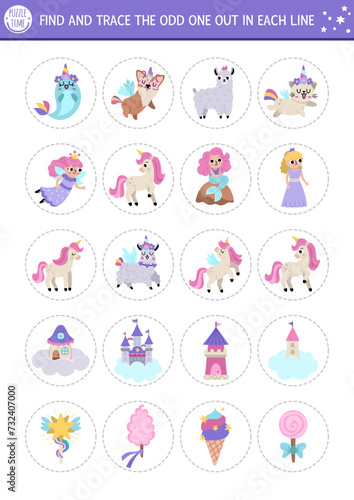 Find the odd one out. Unicorn logical activity for kids. Fantasy or magic world educational quiz worksheet for attention skills. Printable fairytale game with fairy, mermaid, narval, castle.