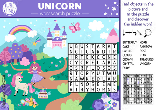 Vector unicorn wordsearch puzzle for kids. Simple word search quiz with fantasy country landscape. Educational activity with castle, rainbow, fairy. Cross word with magic world map.