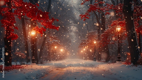 Fall Foliage Frenzy: A Snowy Nighttime Trek Through the Trees Generative AI