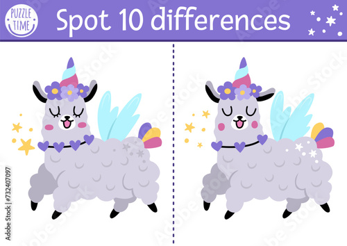 Find differences game for children with unicorn llama. Fairytale educational activity with funny alpaca with horn. Cute puzzle for kids with funny fantasy characters. Printable worksheet, page.