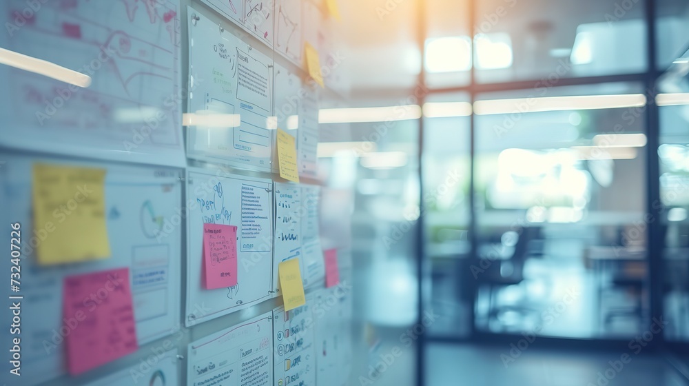 A dynamic office setting highlighting an agile scrum board full of ...