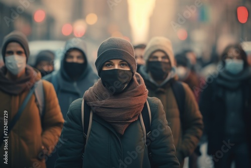 A group of people walking down the street wearing masks. Can be used to depict a protest, carnival, or celebration with a mysterious atmosphere
