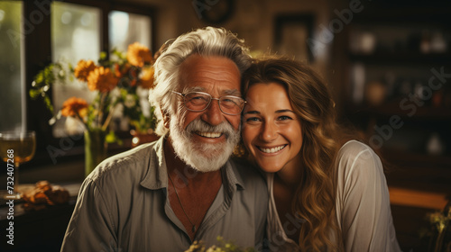 Portraits of men and women. Father and daughter on the blurred background. Concept of happy family