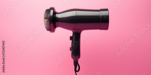 A black hair dryer against a vibrant pink background. Perfect for beauty and haircare related projects © Fotograf