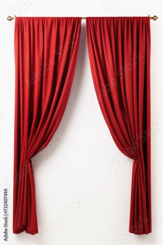A red curtain hanging on a white wall. Can be used as a background or decoration.