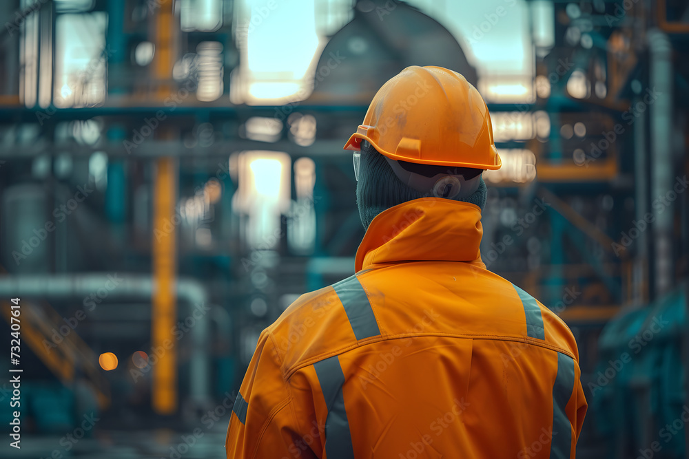 An engineer in an orange jacket, hard hat, and uniform standing in an industrial warehouse. The technician outside the warehouse in front of machinery, capturing the essence of industrial landscapes. An engineer in an orange jacket, hard hat, and uniform standing in an industrial warehouse. The technician outside the warehouse in front of machinery, capturing the essence of industrial landscapes.