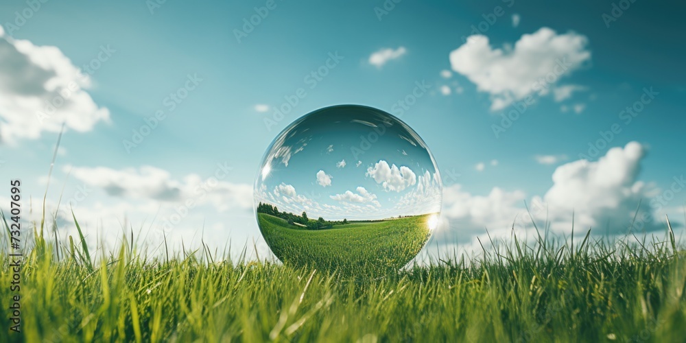 A glass ball sitting on top of a lush green field. Perfect for adding a touch of elegance to your projects A glass ball sitting on top of a lush green field. Perfect for adding a touch of elegance to your projects