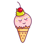 Cute waffle cone ice cream with face and cherry on top. Kawaii style with funny face. Cartoon sweet character. Cute cartoon vector Illustration