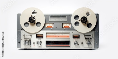 A stereo tape recorder with two reels on top. Can be used to capture and play back audio recordings. Ideal for music production, podcasting, and sound editing photo