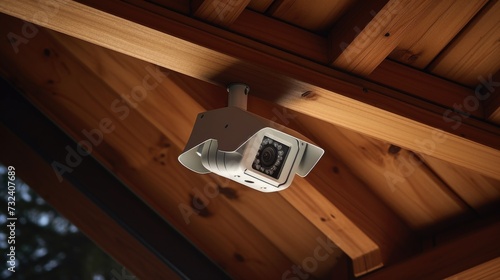 A camera mounted on the side of a wooden roof. Suitable for architectural or surveillance purposes