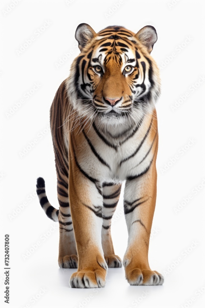 A tiger standing on a white surface, looking directly at the camera. Perfect for wildlife photography or animal-themed designs