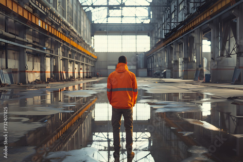 An engineer in an orange jacket, hard hat, and uniform standing in an industrial warehouse. The technician outside the warehouse in front of machinery, capturing the essence of industrial landscapes.