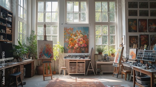 A sun-drenched art studio filled with vibrant floral paintings, an array of brushes and paints, complemented by the lush greenery of indoor plants.