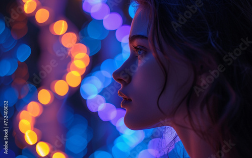 Woman Standing in Front of Colorful Lights