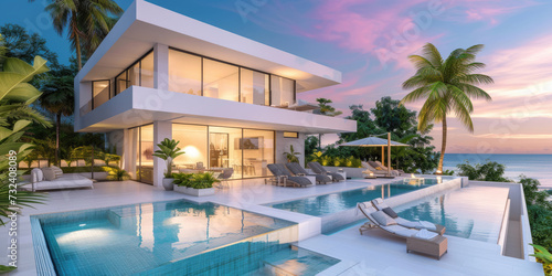 Exterior modern white villa with pool and garden, sea view, and many tropical plants at sunset