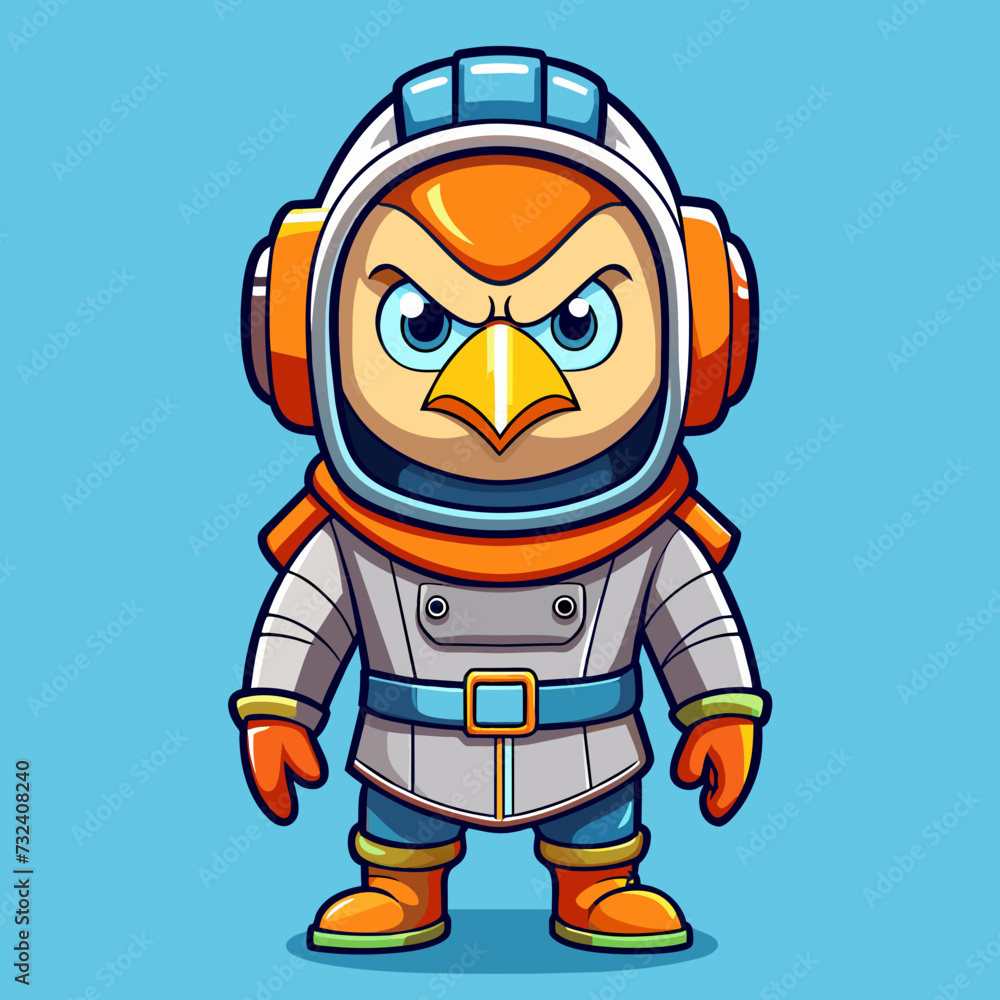 Bird Angry , cute, style , Big eye , Full Human Body , art 90 style , space suit, headset
