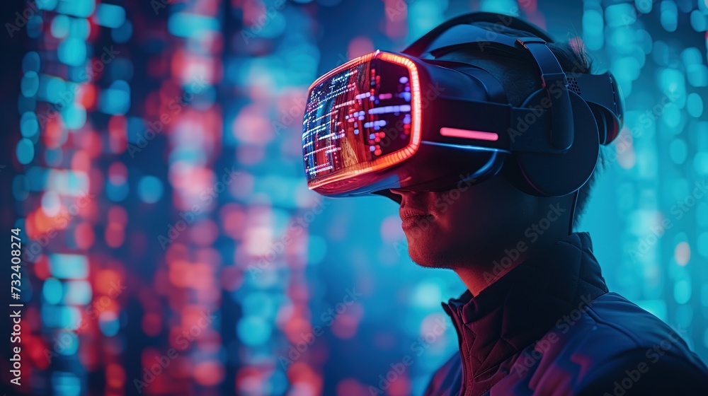 An individual is deeply engaged in a virtual environment, visualizing data through a cutting-edge virtual reality headset with vivid display. An individual is deeply engaged in a virtual environment, visualizing data through a cutting-edge virtual reality headset with vivid display.