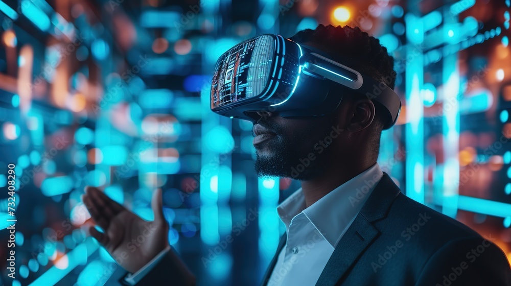 A businessman in a suit explores a complex virtual reality interface, using a VR headset to navigate through a data-driven digital world.