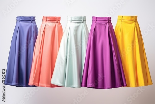 A row of different colored skirts hanging from a line. Perfect for fashion-related projects and clothing advertisements