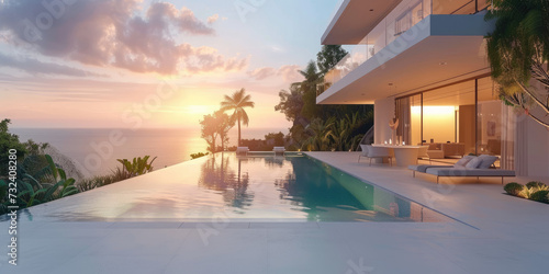 Exterior modern white villa with pool and garden  sea view  and many tropical plants at sunset