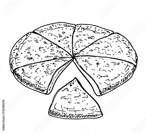 Traditional Ossetian pie or khachapuri of Georgia. Mingrelian khachapuri Pizza. Baked bread filled with cheese, butter and potato. Sketch vector Illustration isolated on white background.