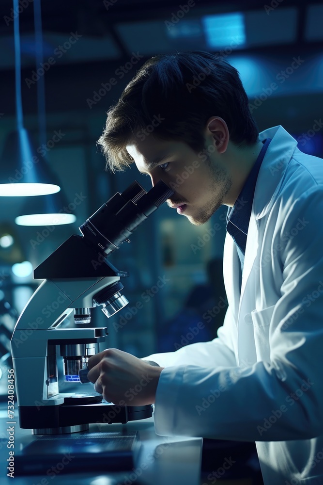 A man wearing a lab coat is focused as he looks through a microscope. This image can be used to illustrate scientific research or laboratory work A man wearing a lab coat is focused as he looks through a microscope. This image can be used to illustrate scientific research or laboratory work