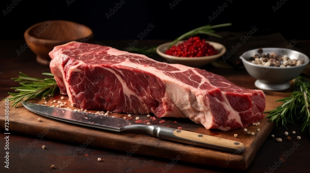 Fresh raw Prime Black beef steaks on wooden board.