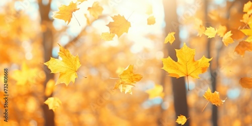 A mesmerizing image capturing a bunch of yellow leaves gracefully soaring through the air. Perfect for autumn-themed projects and nature-inspired designs