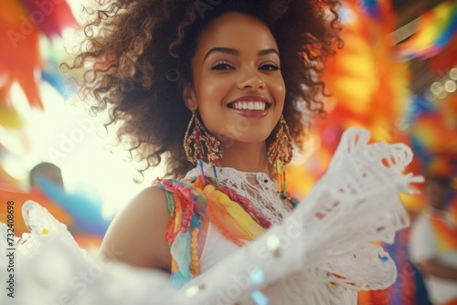 A woman is pictured wearing a vibrant, colorful dress and holding a fan. This image can be used to depict elegance, fashion, or cultural traditions
