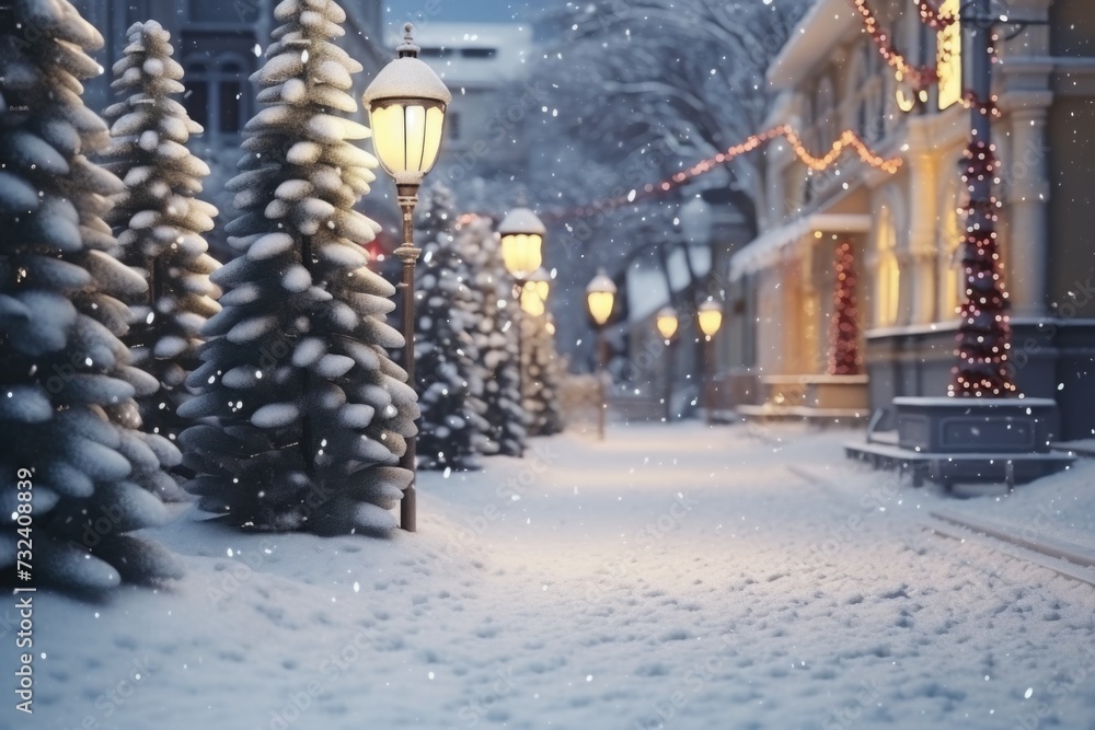 Fototapeta premium A picturesque snowy street with trees covered in snow. Perfect for winter-themed designs and holiday promotions